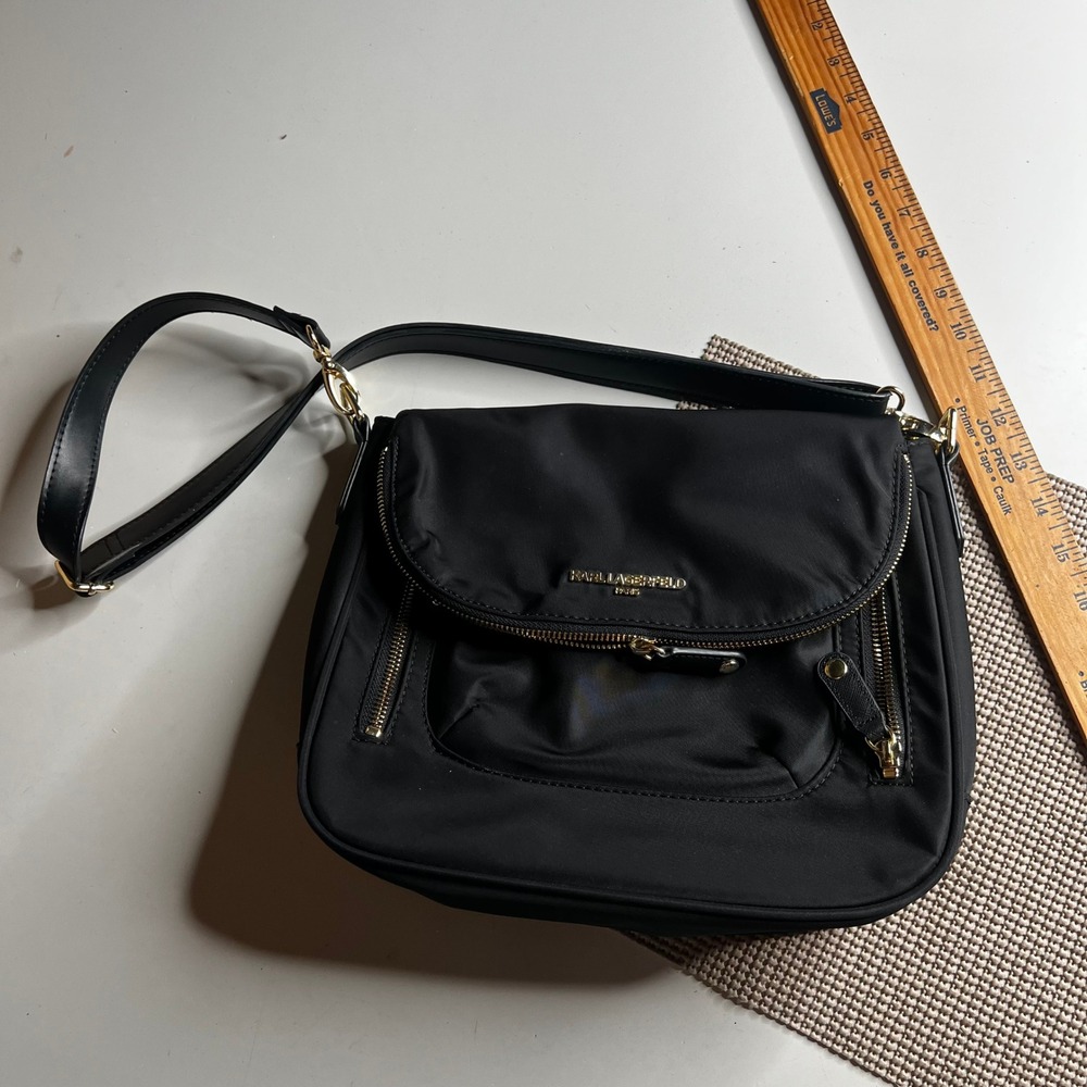 Karl Lagerfeld Paris Black Nylon Crossbody Bag‎ Gold Hardware Messenger Flap